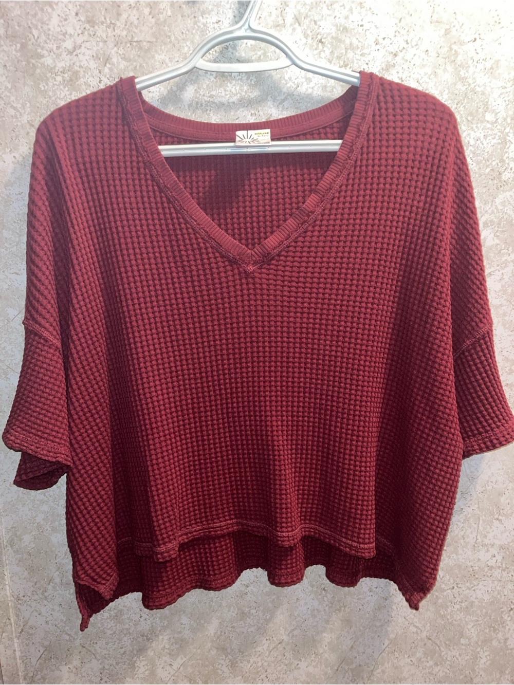 Waffle-Knit V-Neck Boxy Top in Deep Burgundy